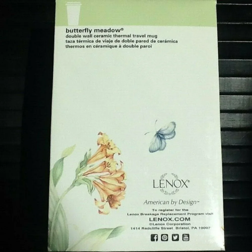 brand new HEAVY Lenox Butterfly Meadow Initial N 12-oz Porcelain Tumbler w/ Lid
